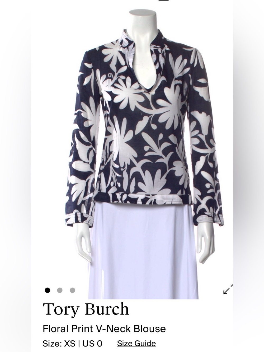 Tory Burch Navy and White Floral V-Neck Tunic Blouse